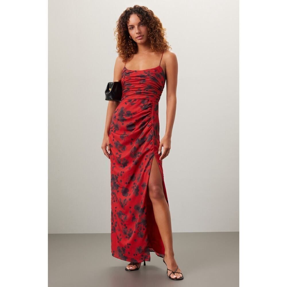 Hutch Red Floral Satin Maxi Dress Ruched Slit Gown Size 14 Lined Elegant